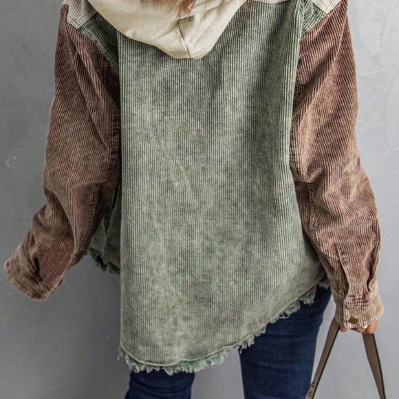 Green Casual Womens Pocket Drop Shoulder Raw Hem Drawstring Hooded Corduroy Coat - Picture 2 of 7